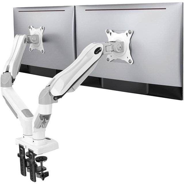 HUANUO Dual Monitor Stand - Full Adjustable Monitor Desk Mount Swivel Vesa Bracket with C Clamp, Grommet Mounting Base for 13 to 30 Inch Computer Screens - Each Arm Holds 4.4 to 19.8lbs - Whtie