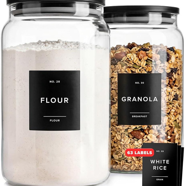 EDELHAUS 2x Large Glass Storage Containers with Airtight Black Lids [135oz/4000ml] | Extra Thick Glass Canisters for Pantry + 63 Labels | Flour Rice Cereal Sugar Coffee Beans Tea
