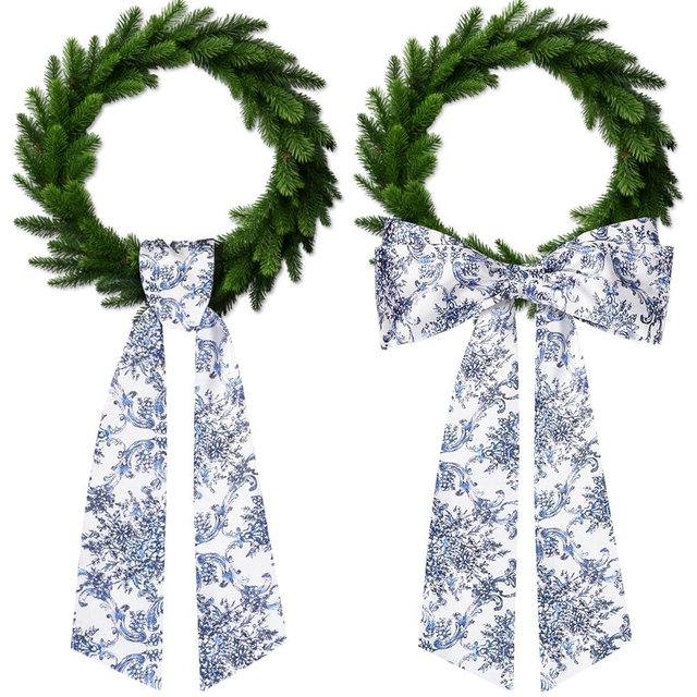 2Pcs Chinoiserie Monogram Satin Blue White Flower Wreath Sash for Door Accessories Indoor/Outdoor Wall Decor
