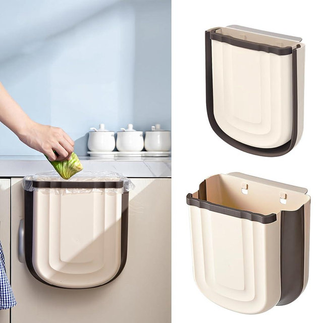 Aimkeoulee Hanging Trash Can, 9L Collapsible Plastic Waste Bin for Cabinet Door, Wall Mounted 2.4 Gallon Foldable Small Wastebasket for Kitchen, Bathroom, Bedroom (Khaki)