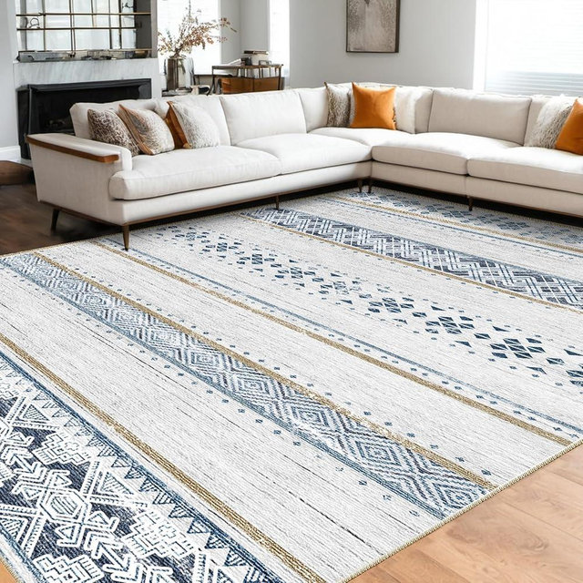 BESTSWEETIE 8x10 Area Rug for Living Room Washable Rug Moroccan Farmhouse Neutral Geometric Soft Low Pile Non-Slip Water Repellent Rug for Dining Room Bedroom Blue/Brown
