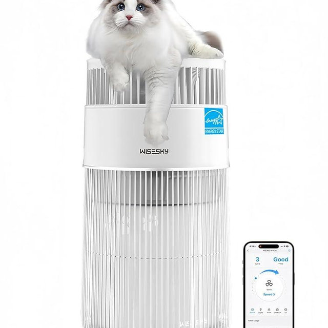 WiseSky Pet Air Purifier, 3-in-1 HEPA Filter for Cat Hair Dander Odor Dust, for Home Large Room, Up to 1644 ft², Smart App Control, 360° Air Intake, W-Cat, White