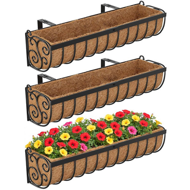 VOXOR Railing Planter Boxes, 30 Inch Window Boxes Planters, Balcony Planters with Adjustable Brackets & Coco Liner for Outdoor Fence, Deck, Porch, and Patio Gardening, 3 Pack