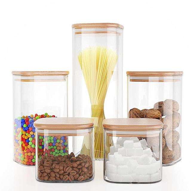 Liuruiyu Food Storage Jars 5 pcs (Square)，Jars Set of 5，Glass Storage Containers Clear Glass Food Canister with Bamboo Lid Airtight For Serving Tea, Coffee, Flour, Sugar, Candy, Cookie, Spice and More