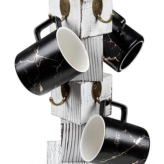 PUERSI Coffee Mug Holder for Counter, Rustic Solid Wood Mug Tree, Farmhouse Wooden Coffee Cup Rack, Distressed Mug Stand with 8 Hooks (Farmhouse White)