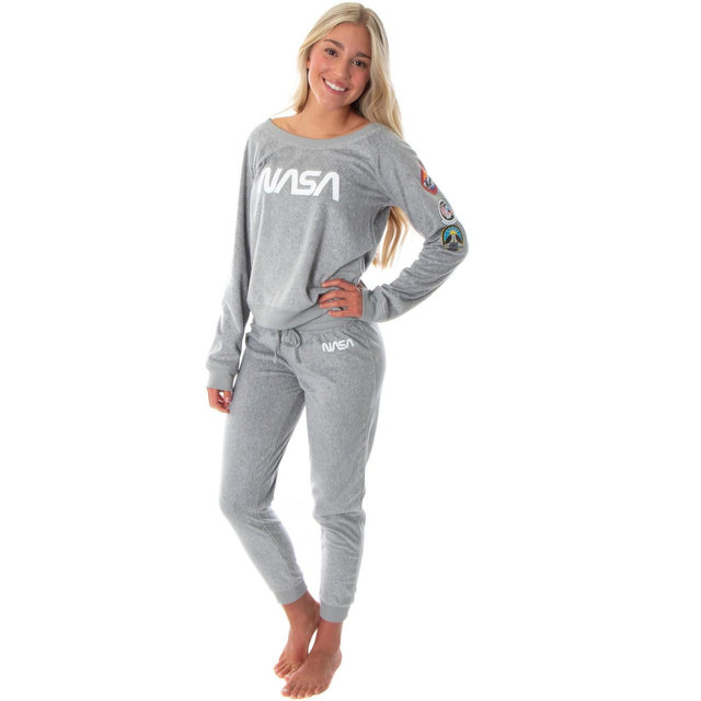 Intimo NASA Worm Logo Women's Juniors' Space Shuttle Patches Jogger Pajama Set Grey