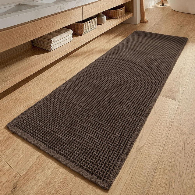 MIULEE Waffle Bathroom Runner Rugs, Super Absorbent Non Slip Bath Rug, Upgraded Soft Quick Dry Washable Boho Large Bath Mat with Tassels for Hallway Laundry Room Bedroom, 2'x5' (24"x60"), Chocolate