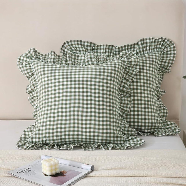 Silnuo 2 Pack Green Plaid Ruffle Pillow Covers Farmhouse Checkered Washed Cotton Pillowcases Gingham Pillow Shams for Bed, Sofa, Living Room-24"x24"