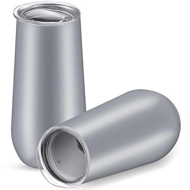 2 Packs Double-insulated Stemless Champagne Flutes Wine Tumbler, Unbreakable Cocktail Cups Reusable Champagne Toasting Glasses with Lids (Gray, 9 OZ)
