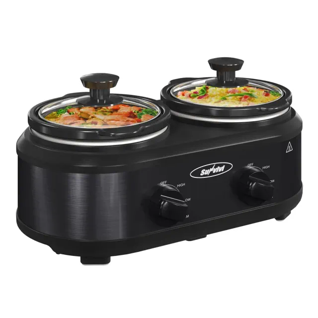 Heynemo Double Slow Cooker, 2 Pot Buffet Servers and Warmer with Adjustable Temp, Removable Ceramic Pot, Stainless Steel, Total 2.5 Quarts, Red