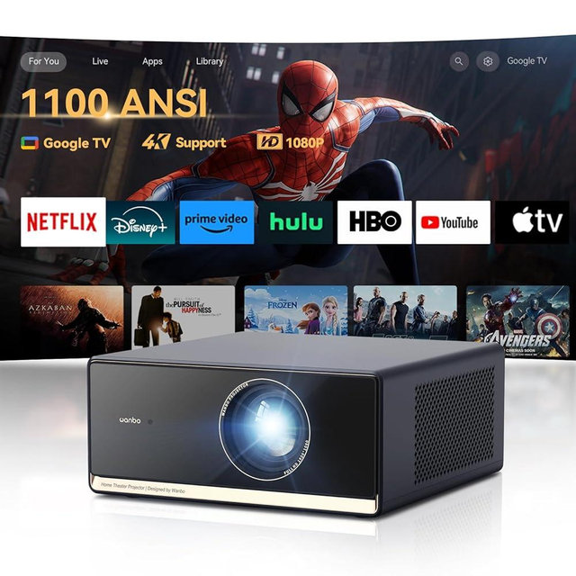 [Google TV & 1100 ANSI] 4K Projector with WiFi and Bluetooth, Wanbo X5 Pro Home Outdoor Movie Proyector, Auto Focus & Keystone, 26dB Low Noise, Native 1080P, Smart Projector with Netflix 10,000+ Apps