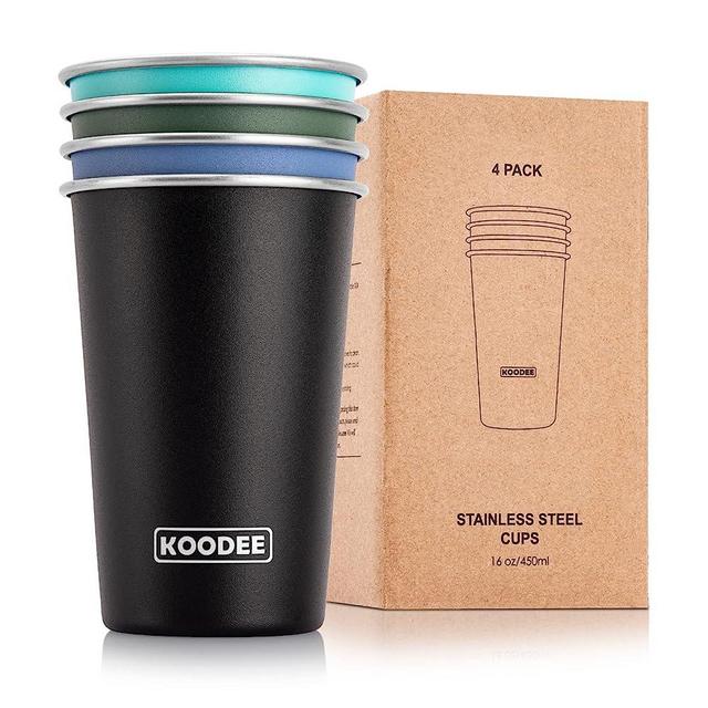 koodee Stainless Steel Cups(4 Pack) 16 oz Pint Tumbler Stackable Metal Drinking Glasses for Travel, Camping, Outdoors（Grass Green-Black-Royal Blue-Teal）