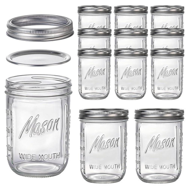 WELLIFE 12 Pack 16 oz Mason Jars with Lids, Wide Mouth Glass Canning Jars, Airtight Leak-Proof Storage Jars for Food, Pickling, Fermenting