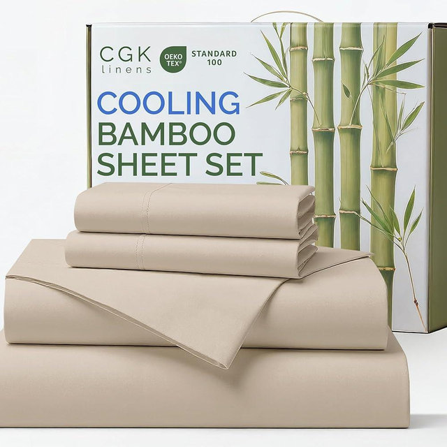 Sheets Queen Size - Cooling Sheets for Queen - 100% Rayon Derived from Bamboo - Ultra Soft, Breathable & Hotel Luxury Bedding - 1 Flat & 1 Fitted & 2 Pillowcases w/ 16 Inch Deep Pockets - Wheat