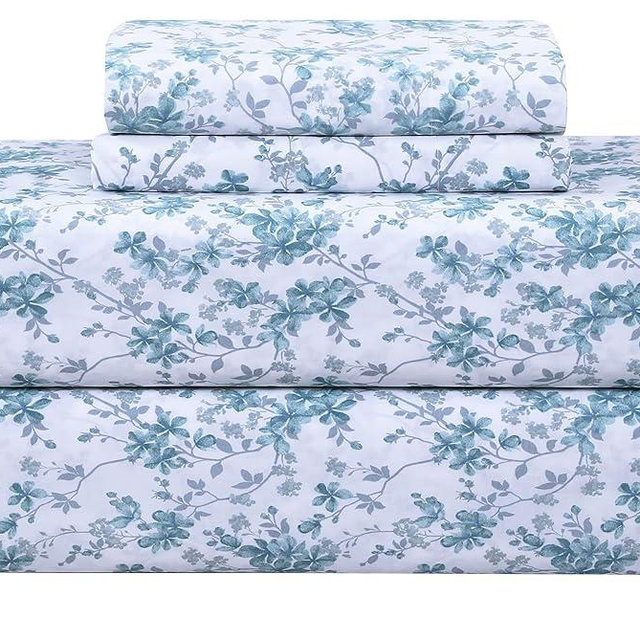 Feather & Stitch 300 Thread Count 100% Cotton Percale Weave Bed Sheets + 2 Pillowcases, Fits Mattress 16'' Deep Pocket, Luxury Breathable 4 Piece Bedding Set,Blue Floral Queen