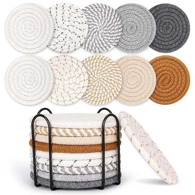 Mckanti 10 Style Drink Coasters with Holder, Absorbent Coasters for Coffee Table, Minimalist Cotton Woven Coaster Set for Home Decor Tabletop Protection Suitable for Kinds of Cups, 4.3 Inches.