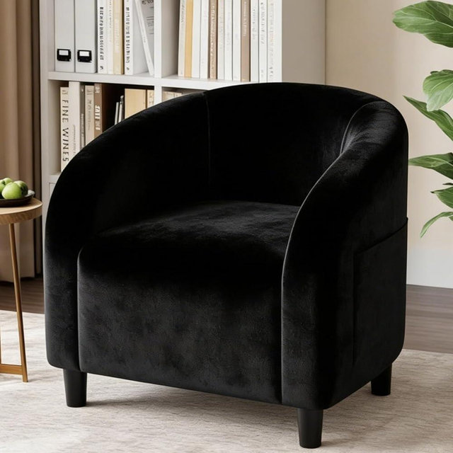 PeacefulHues Accent Chair, Velvet Barrel Chairs, Comfy Round Club Armchair with Soft Cushion for Living Room, Bedroom, Reading, Waiting Room, Black