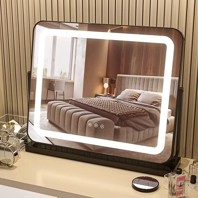 PRIMETEK Makeup Vanity Mirror with Lights - Large Lighted Mirror for Desk, Bedroom, Dressing Room Tabletop, Light Up Mirror with Dimmable 3-Color Led, Magnification, Memory Function, Black, 22"Lx19"H