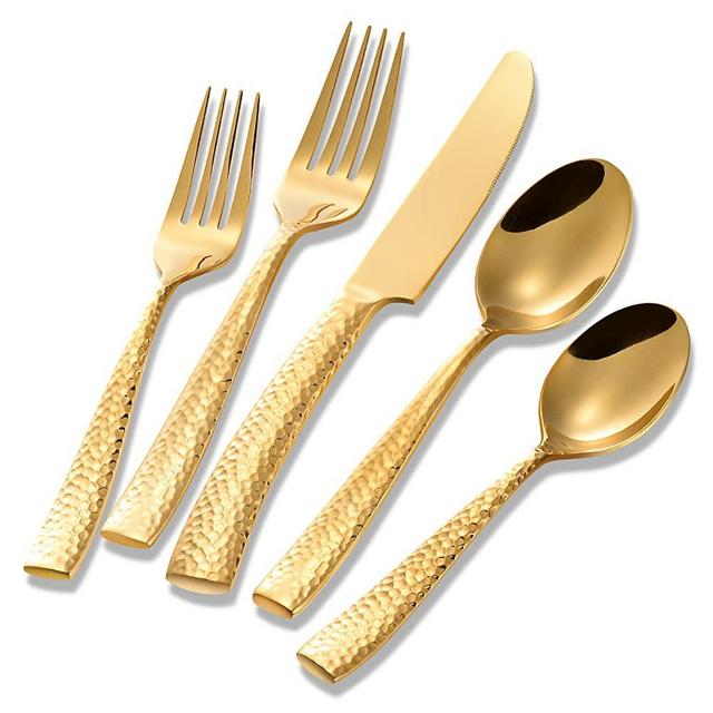 Flatasy Gold Silverware Set Flatware Set Cutlery Set Stainless Steel Hammered Mirror Polished 20 Pieces Home Hotel Use Wedding Housewarming Gift Dishwasher Safe Service for 4