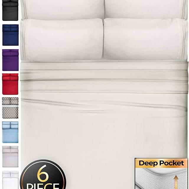 6 Piece King Size Sheets Extra Deep Pockets - Extra Deep Pocket King Sheets Deep Pocket King Bed Sheets King Sheet Set Bedding Sets King Size Bed Sheets King Size Bedding Set King Fitted Sheet Ivory