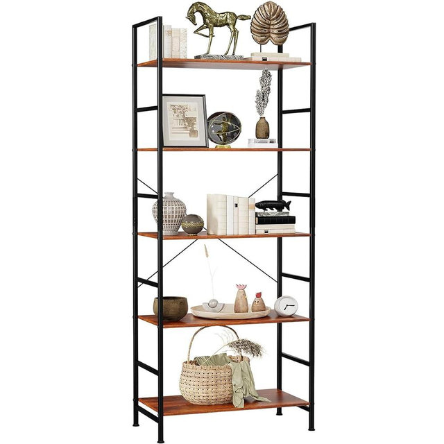 Sweetcrispy Book Shelf, 5 Tier Bookcase, Modern Tall Bookshelf Corner Storage Organizer for Garage Kit, CDs, Movies Suitable Home Office Bedroom, Kitchen, Living Room - Brown