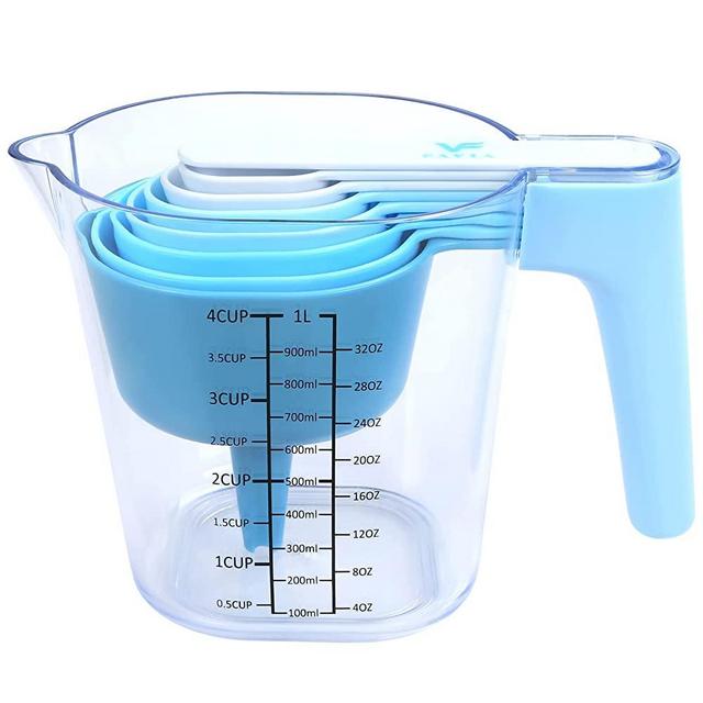 FAVIA Measuring Cups and Spoons Set for Liquid and Dry Nesting Plastic Kitchen Measure 10 Pieces BPA Free Dishwasher Safe (Blue)