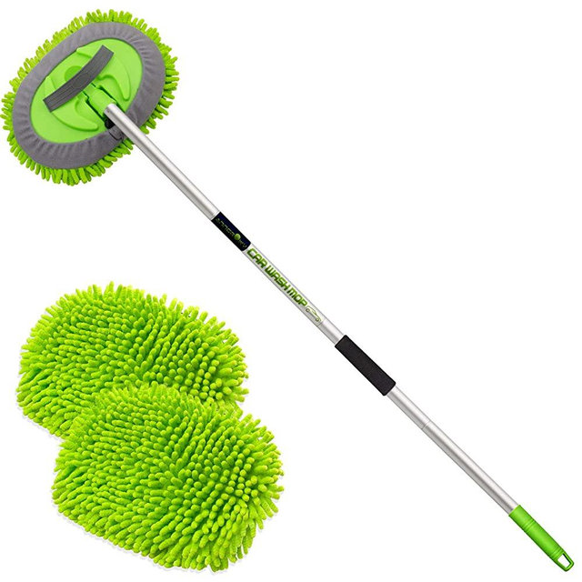 anngrowy 62" Microfiber Car Wash Brush Mop Kit Mitt Sponge with Long Handle Car Cleaning Supplies Kit Duster Washing Car Tools Accessories, 1 Chenille Scratch-Free Replacement Head Aluminum Alloy Pole