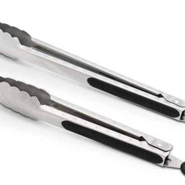 304 Stainless Steel Kitchen Cooking Tongs, 9" and 12" Set of 2 Sturdy Grilling Barbeque Brushed Locking Food Tongs with Ergonomic Grip, Black