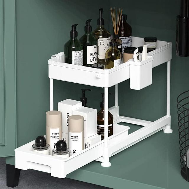 SAKA Under Sliding Cabinet Basket Organizer, 2 Tier Storage Under Cabinet Bathroom Under Sink Organizers and Storage White Under Sink Storage for Bathroom Kitchen