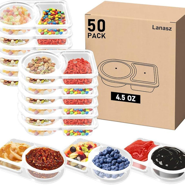 Lanasz 50 Sets Reusable snack containers with lids, Disposable Double Compartment Plastic Container for Sauce Snack,Condiment Container with Lid