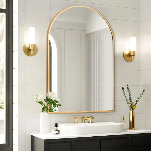 91cm Gold Aluminum Arched Mirror with Slim Frame and Right Angles, 2.8cm Depth