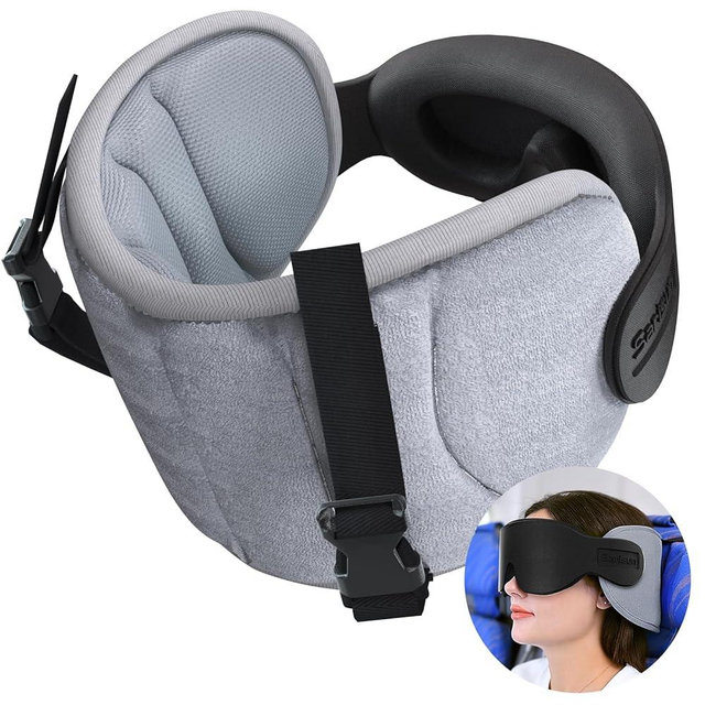 SARISUN Travel Pillow for Airplanes, Airplane Pillow for Long Flight, Neck Pillow with Eye Mask for Sleeping, Portable Travel Pillow for Car, Road Trip Car Headrest, FSA HSA Eligible Approved, Grey