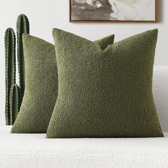 FUTEI Pack of 2 Moss Green Boucle Accent Decorative Throw Pillow Covers,18x18 Inch Soft Solid Textured Cushion Case,Home Decor for Couch Bed Living Room