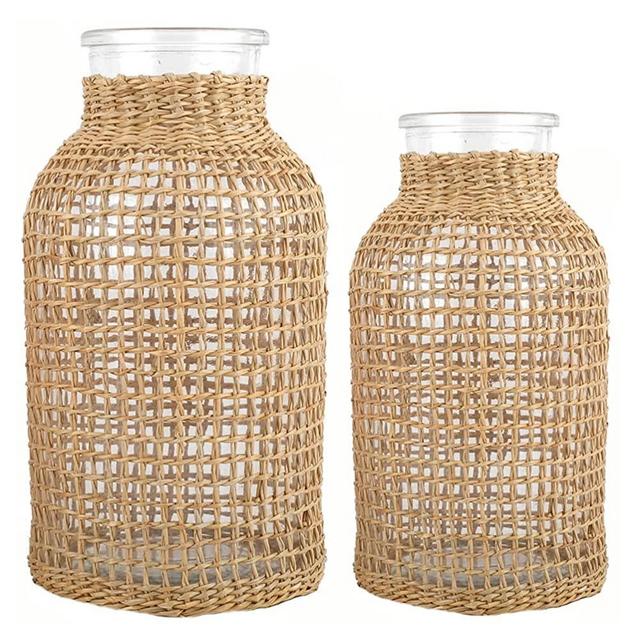 DOITOOL Glass Flower Vase with Rattan Cover Flower Bud Vase Round Decorative Flower Vase Floral Container Farmhouse Flower Bottle for Floral Arrangements Housewarming Party Decor (S+L)