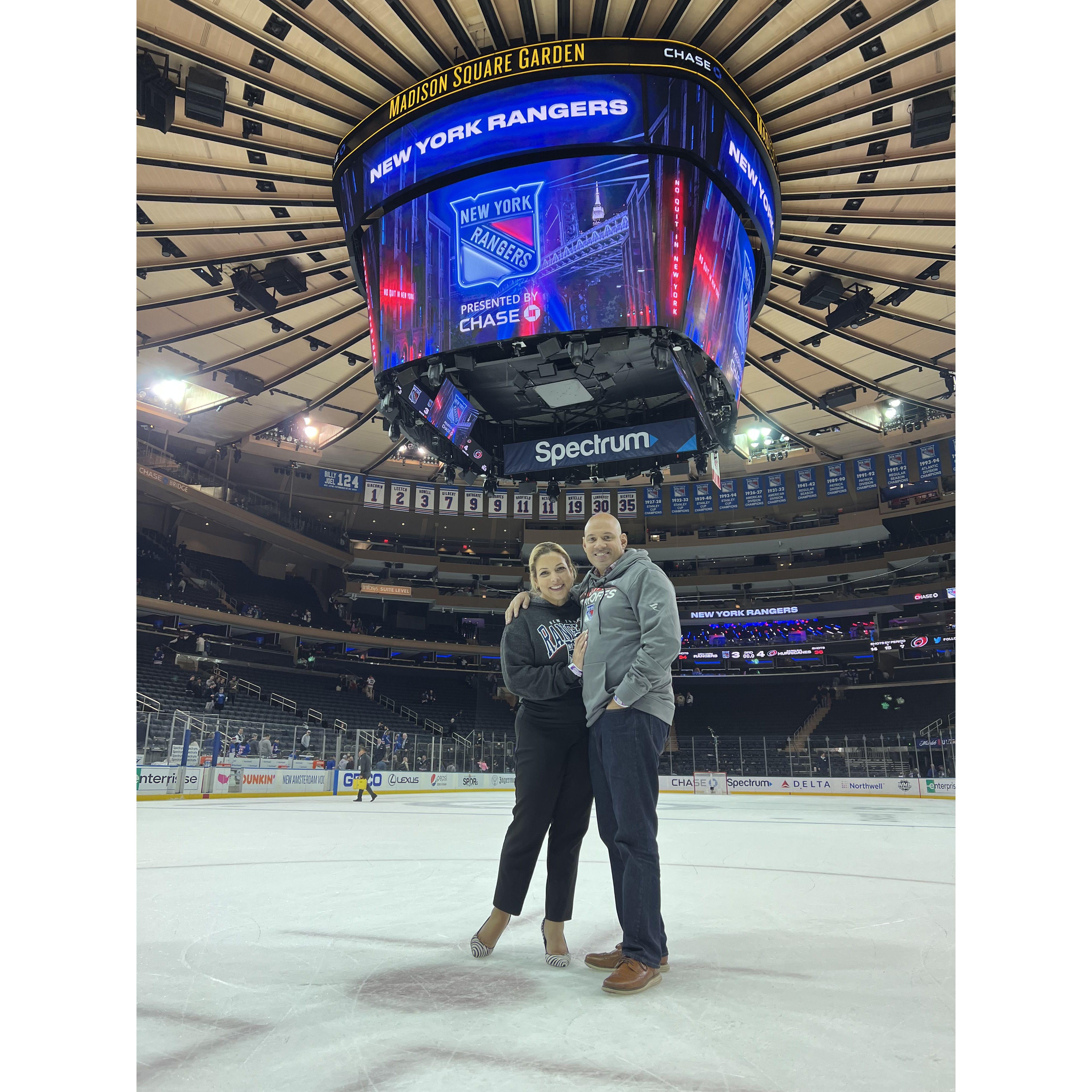 Our first Rangers game together. Heels on ice.... lol