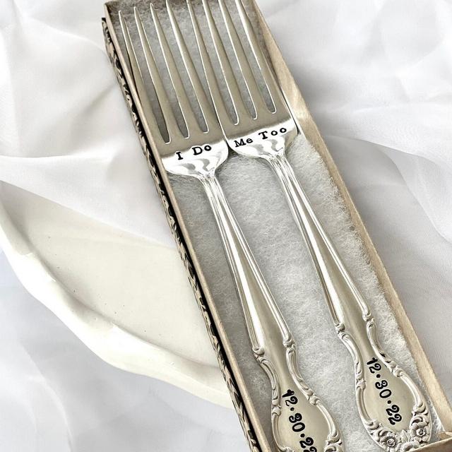 Custom Wedding Day Forks - Hand Stamped - Name Date - Mr. Mrs. - His Hers - Bride Groom - I Do Me Too - Mine Yours - Husband Wife - Gift box