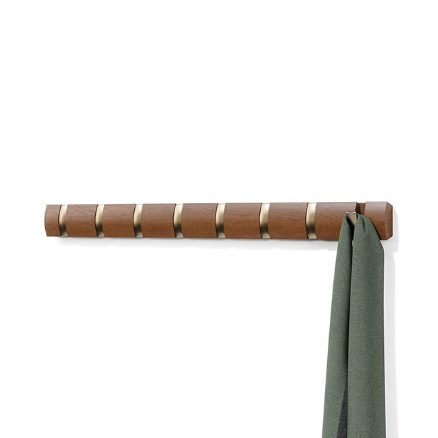 Umbra Flip 8-Hook Wall Mounted Coat Rack, Modern, Sleek, Space-Saving Coat Hanger with 8 Retractable Hooks to Hang Coats, Scarfs, Purses and More, Walnut/Black
