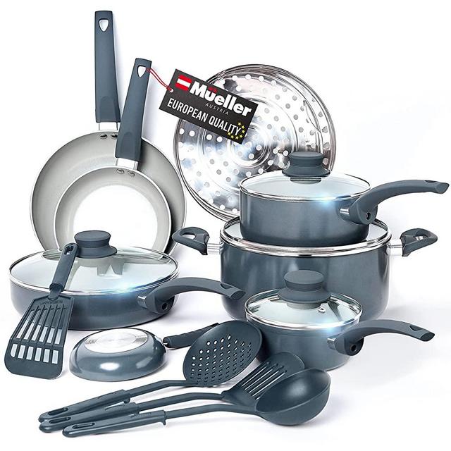 Mueller Pots and Pans Set Non-Stick, 16-Piece Healthy Stone Cookware Set, Aluminum Body, Deep Fry Pan, Fry Pan, Sauce Pan, Pot, Stainless Steel Steamer, Vacuum-Free Vented Glass Lids, Gray