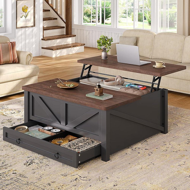 Itaar Wooden Coffee Table, Lift Top Coffee Table with Storage, Square Coffee Tables with Drawers and Hidden Compartment, Center Table for Living Room, Home Office, Black