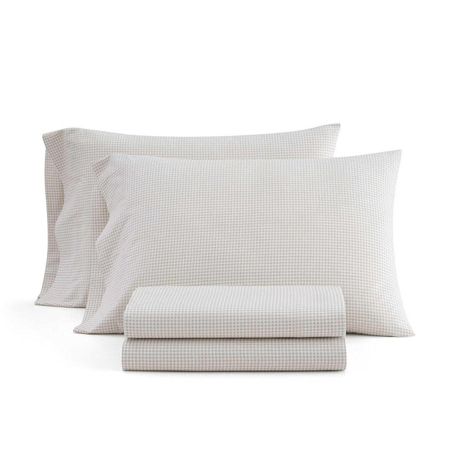 Martha Stewart - King Size Sheets Set, Crisp & Tailored Cooling Sheets with a Naturally Smooth Cotton Percale Lightweight Feel - Bed Sheets with Matching Pillowcases & Fitted Sheet (Gingham Beige)