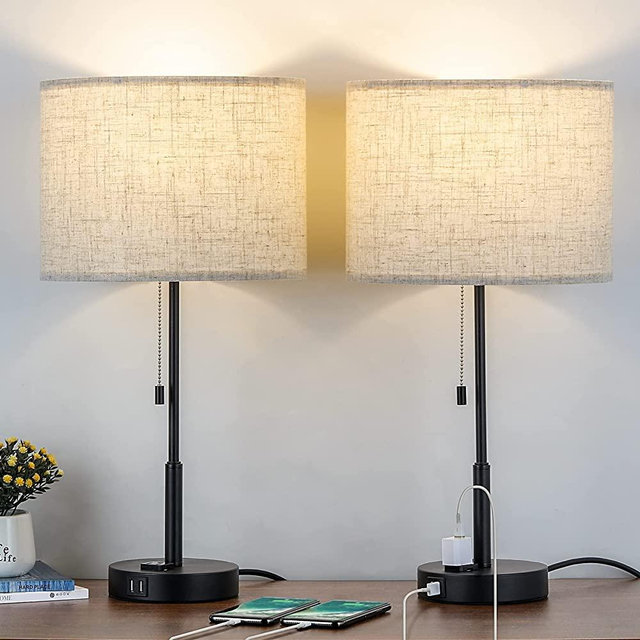 JS NOVA JUNS Table Lamps, Bedside Lamp Set of 2 with Dual USB Ports and 3-Prong AC Outlet, Modern End Table Nightstand Light Perfect for Bedroom, Living Room, Study Room, LED Bulbs Included