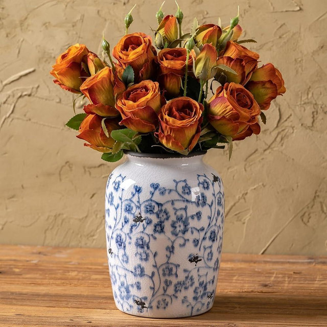 Kiiwaa Blue and White Ceramic Vase, Chinoiserie Floral Vase, Retro Ice Cracked Vintage Rustic Vase for Home Decor, Living Room, Table, Bookshelf, Office 7.8 Inch