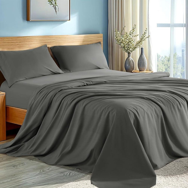 Shilucheng 100% Cotton Sheets King Size 4pcs - Ultra Breathable & Cooling Hole Structures Bed Sheets, 16" Deep Pocket, Perfect for Hot Sleepers, Hotel Bedding Sheets (Dark Grey)