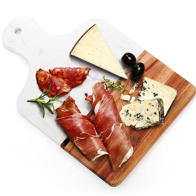 Coloch Marble and Acacia Wood Cutting Board, White Cheese Board Charcuterie Chopping Board with Handle, Solid Serving Board Tray for Cheese, Meat, Steak, Fruit, Bread, 13 x 8.5 Inch