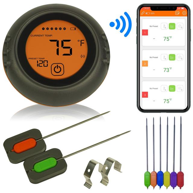 Wireless Meat Thermometer for Grilling, 6 Probes, Digital Cooking BBQ Bluetooth Thermometer for Smoker, Oven Meat Thermometer, Magnet, Timer, Alarm for Kitchen, Food, Black
