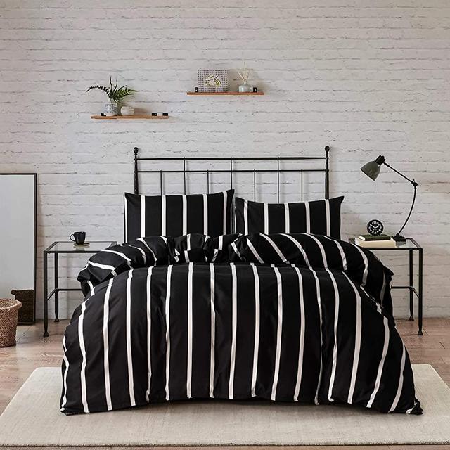 HSKIKWN Black and White Striped Comforter Set Microfiber King Duvet Cover Set 104"x 90"Ultra Soft Hotel 3PCS Geometry Bedding Set