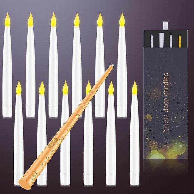 Flameless Candles with Magic Wand Remote, 6.6" Hanging Window Candles Battery Operated Candles Flickering Warm Light Floating Candles Electric LED Taper Candles for Home Wedding Party Decor (12 Pack)
