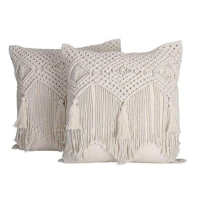 Folkulture Boho Throw Pillow Covers 18x18, Macrame Pillow Covers, Modern Farmhouse Bohemian Pillow Covers for Bed, Couch or Sofa, Set of 2 with Tassels, White