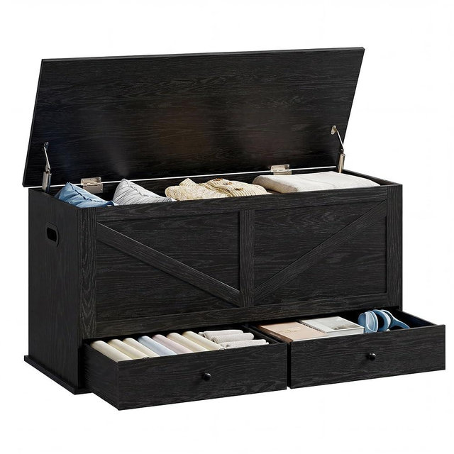 VASAGLE Storage Chest, Storage Bench with 2 Fabric Drawers, Farmhouse Style, for Entryway, Bedroom, Living Room, 15.7 x 39.4 x 19.9 Inches, Ebony Black ULSB043B02