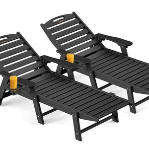 Outdoor Chaise Lounge Chair Set of 2, Patio Lounge Chairs for Outside, HDPE Lounge Chairs with Wheels & Cup Holder, Poly Lounge Chair with 5 Position for Poolside, Deck, Black